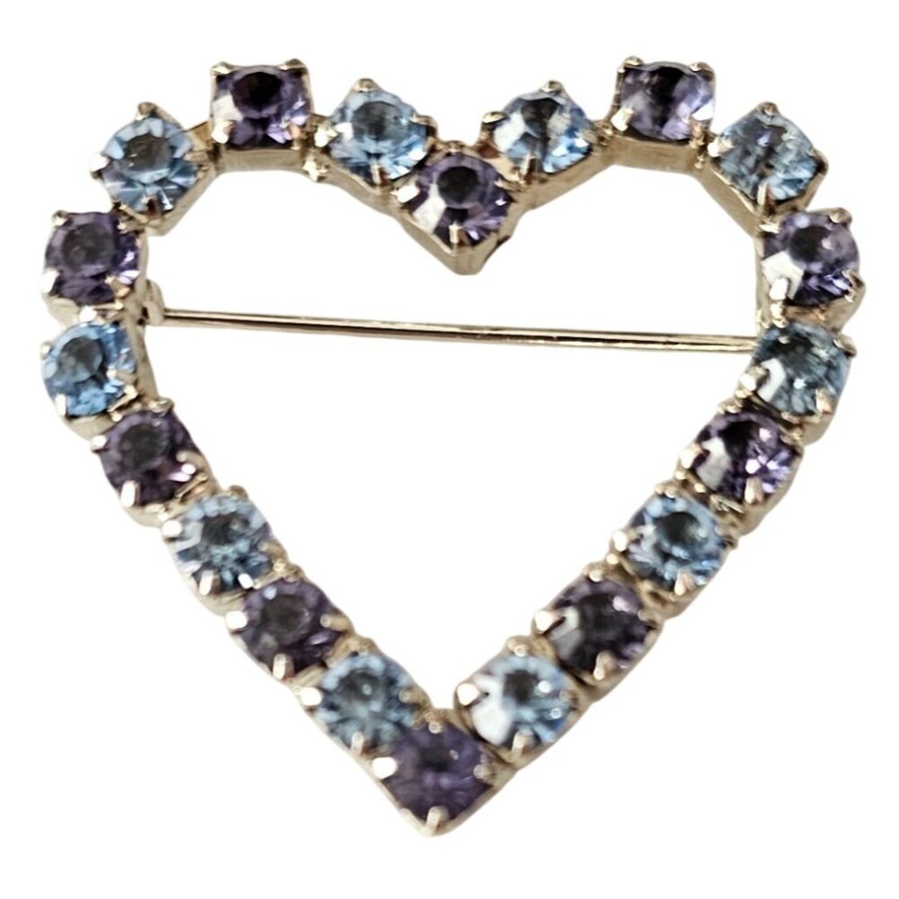 Icy Blue, Purple Rhinestone Open Heart Brooch Pin J195